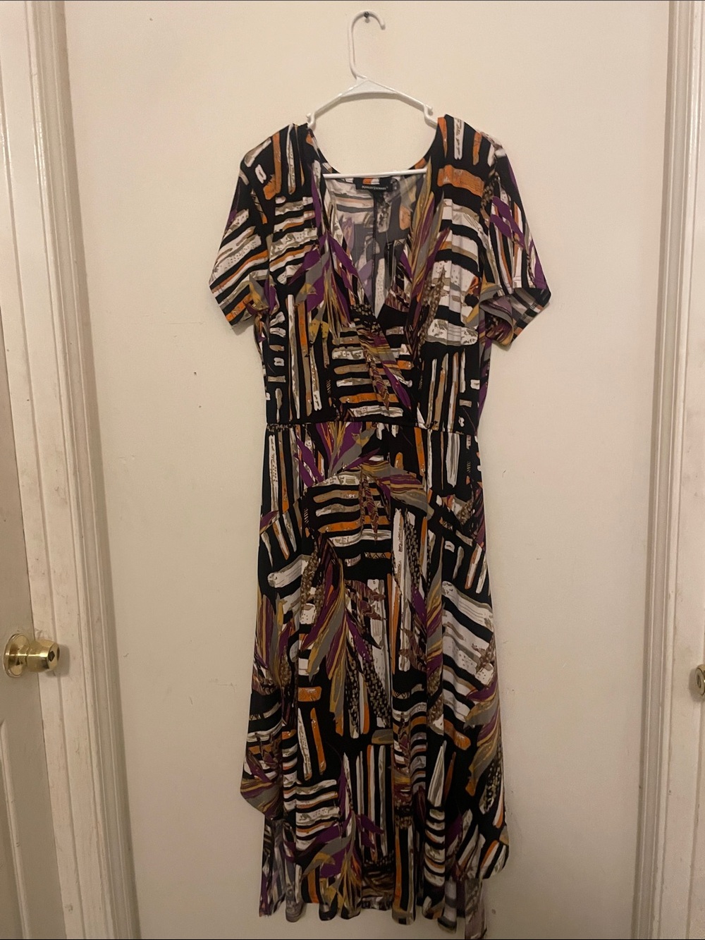 Ashley Stewart Black Midi Wrap Dress with Purple and Gold Abstract Print
